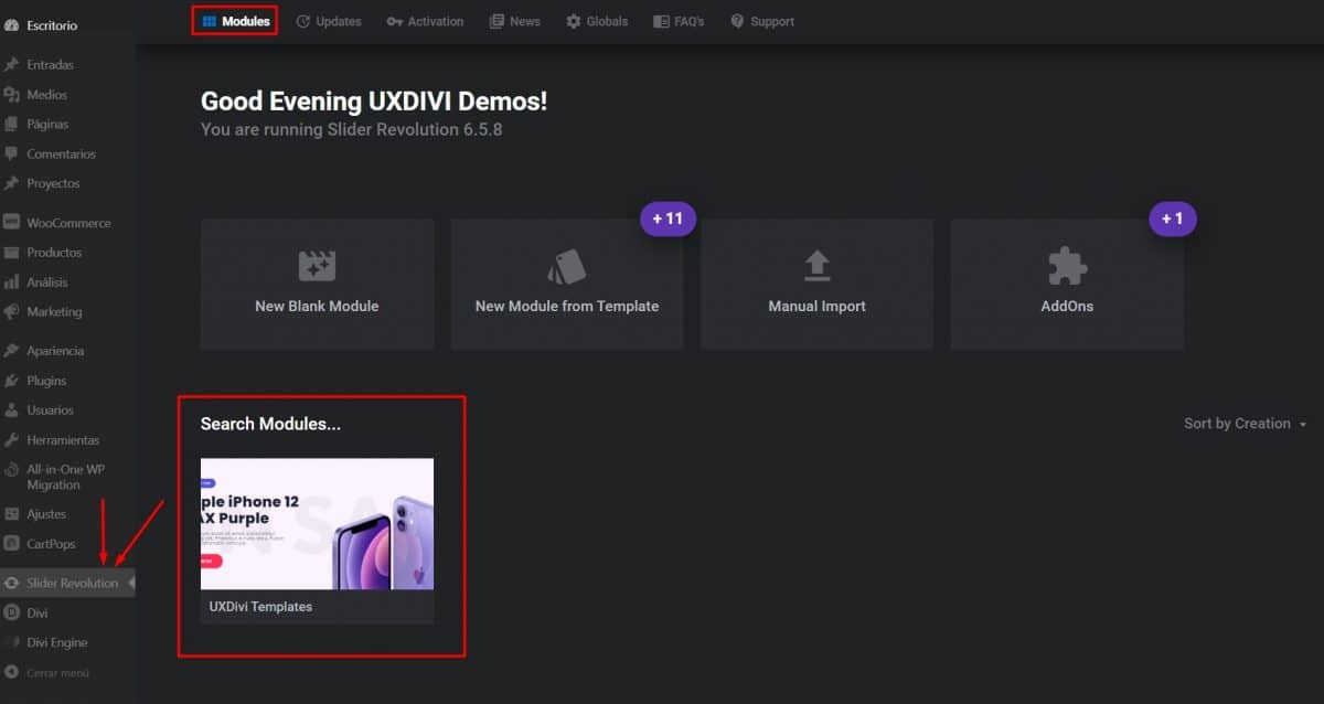 Importar Modulos Y Plantillas De Slider Revolution AddonsWP