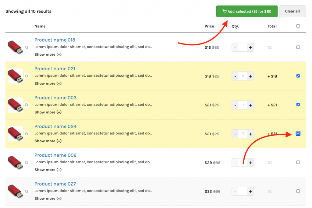 tabla de productos de woocommerce con agregar al carrito desde la casilla de verificación