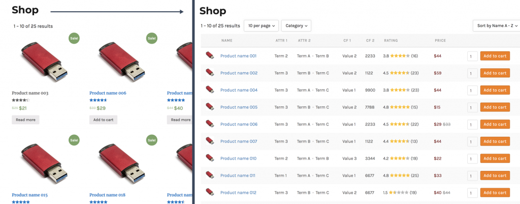Reemplace la cuadrícula de productos de la página de la tienda de woocommerce con una tabla de productos