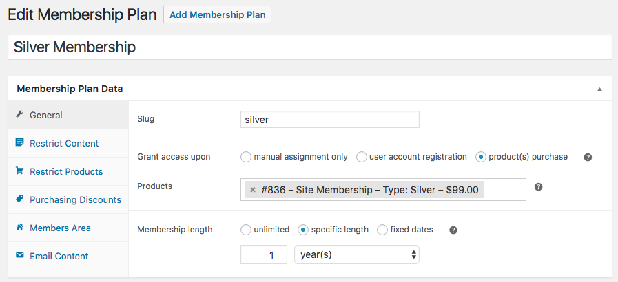 WooCommerce Memberships: datos del plan general