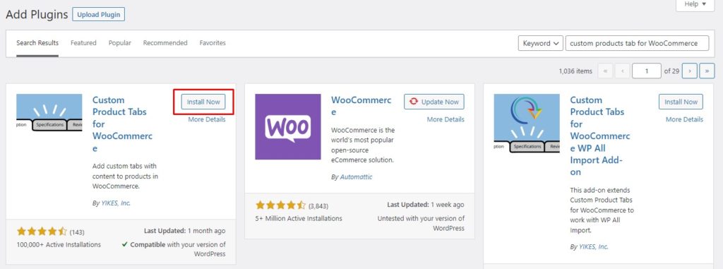 Instale las pestañas de productos personalizadas para el complemento WooCommerce