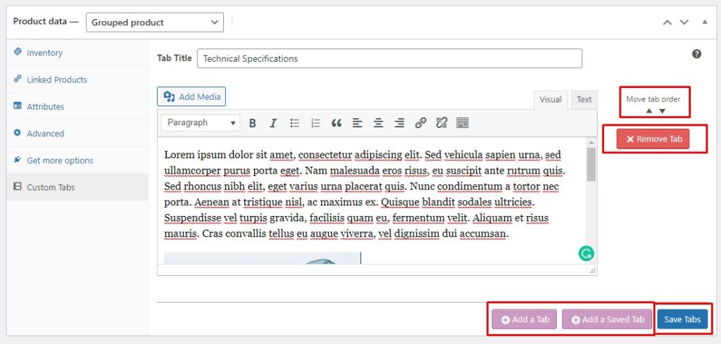 Detalles de la pestaña de producto personalizado de WooCommerce