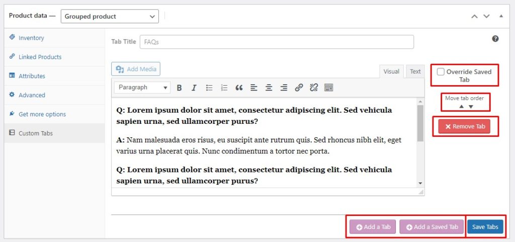 Modificar los detalles de la pestaña del producto