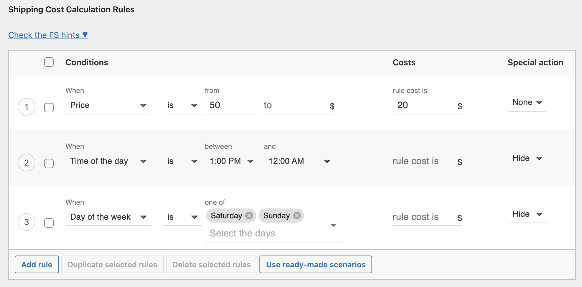 configuración de entrega el mismo día