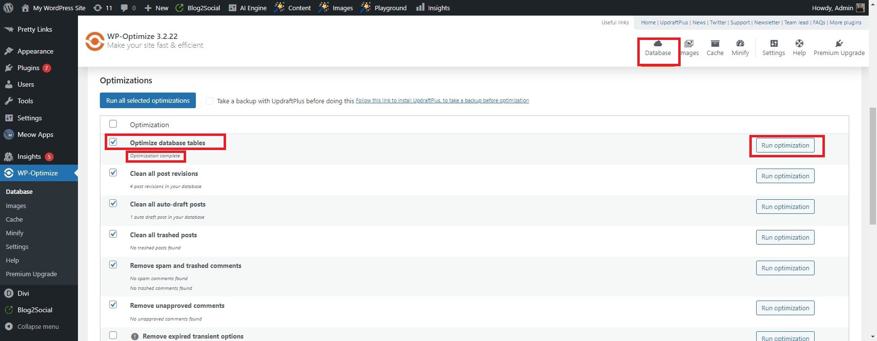 base de datos wp-optimize