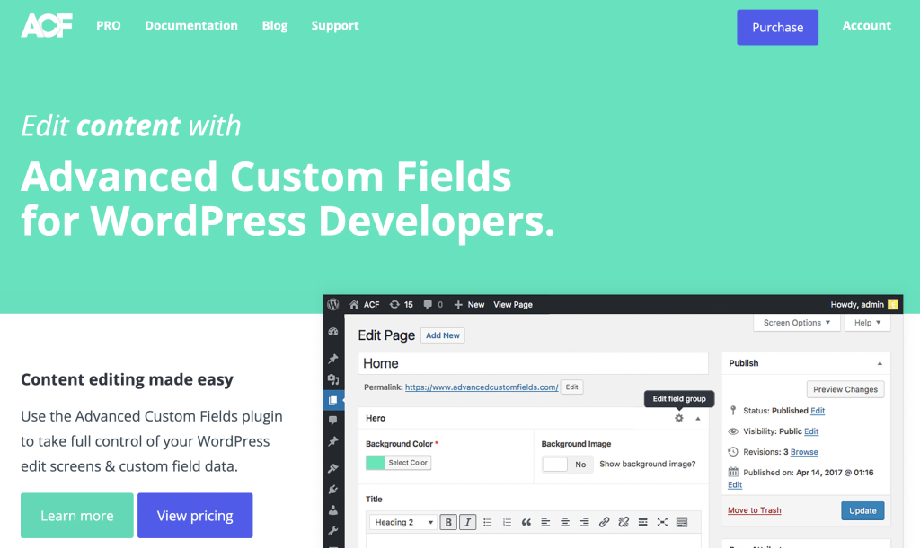 5 potentes plugins de contenido dinámico de WordPress para inyectar dinamismo en su sitio web en 2024 1 Página de inicio de ACF Pro