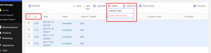 2) Eliminar pedidos de la interfaz del plugin