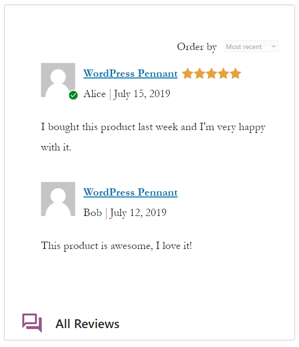El bloque Todas las reseñas de WooCommerce.