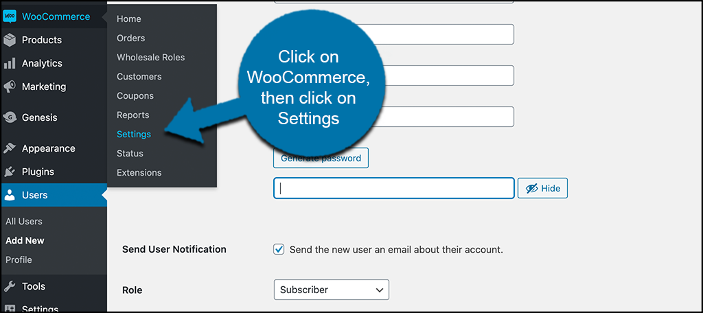 Haga clic en woocommerce y luego haga clic en configuración