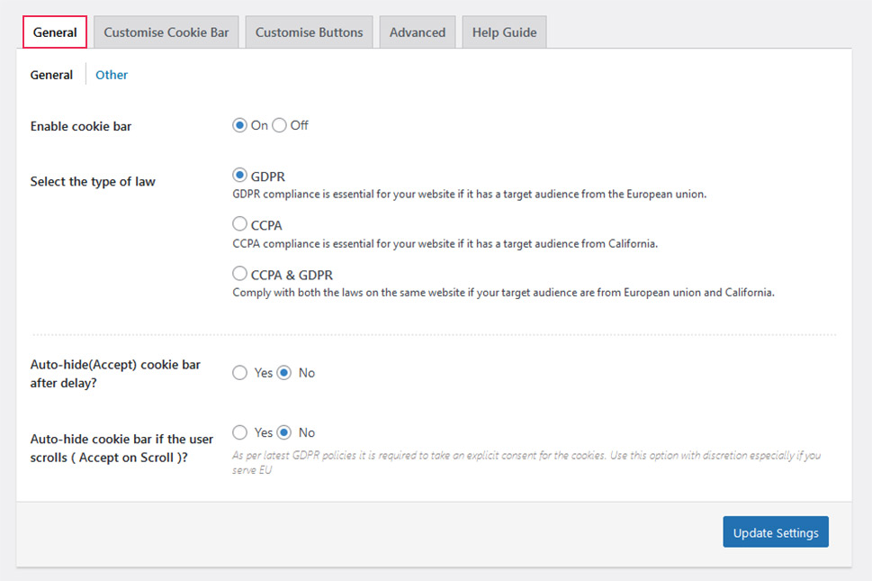 Configuración general de cookies