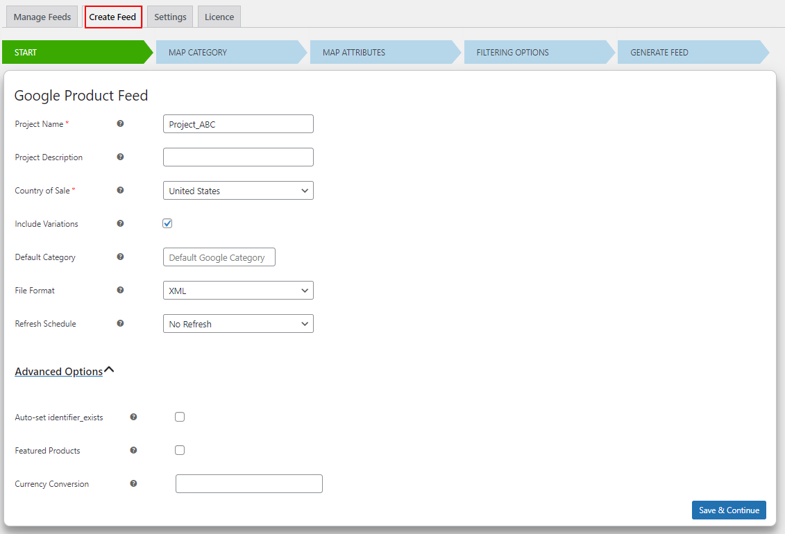 Product feed in minimum clicks | general settings