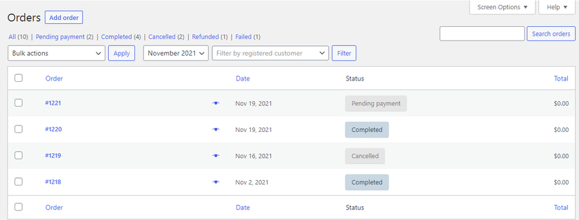 eliminar las opciones de filtro de pedidos de woocommerce