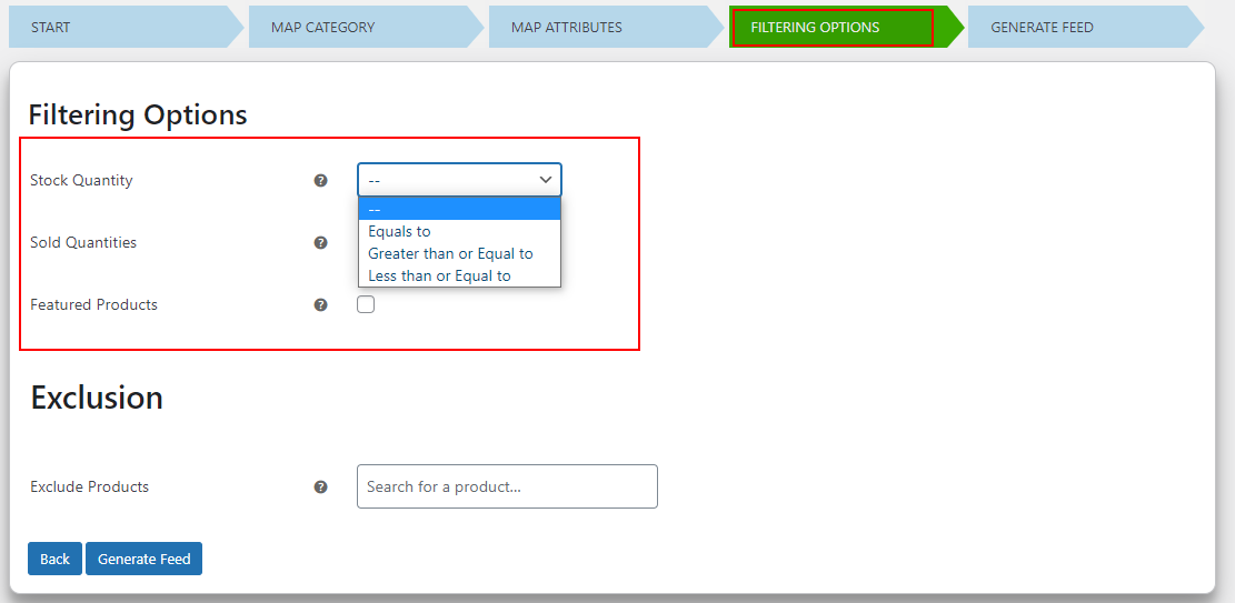 Product feed in minimum clicks | filtering options