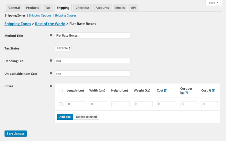 Configuración de envío de cajas de tarifa plana