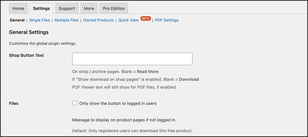 Pestaña de configuración general para descargar gratis woocommerce
