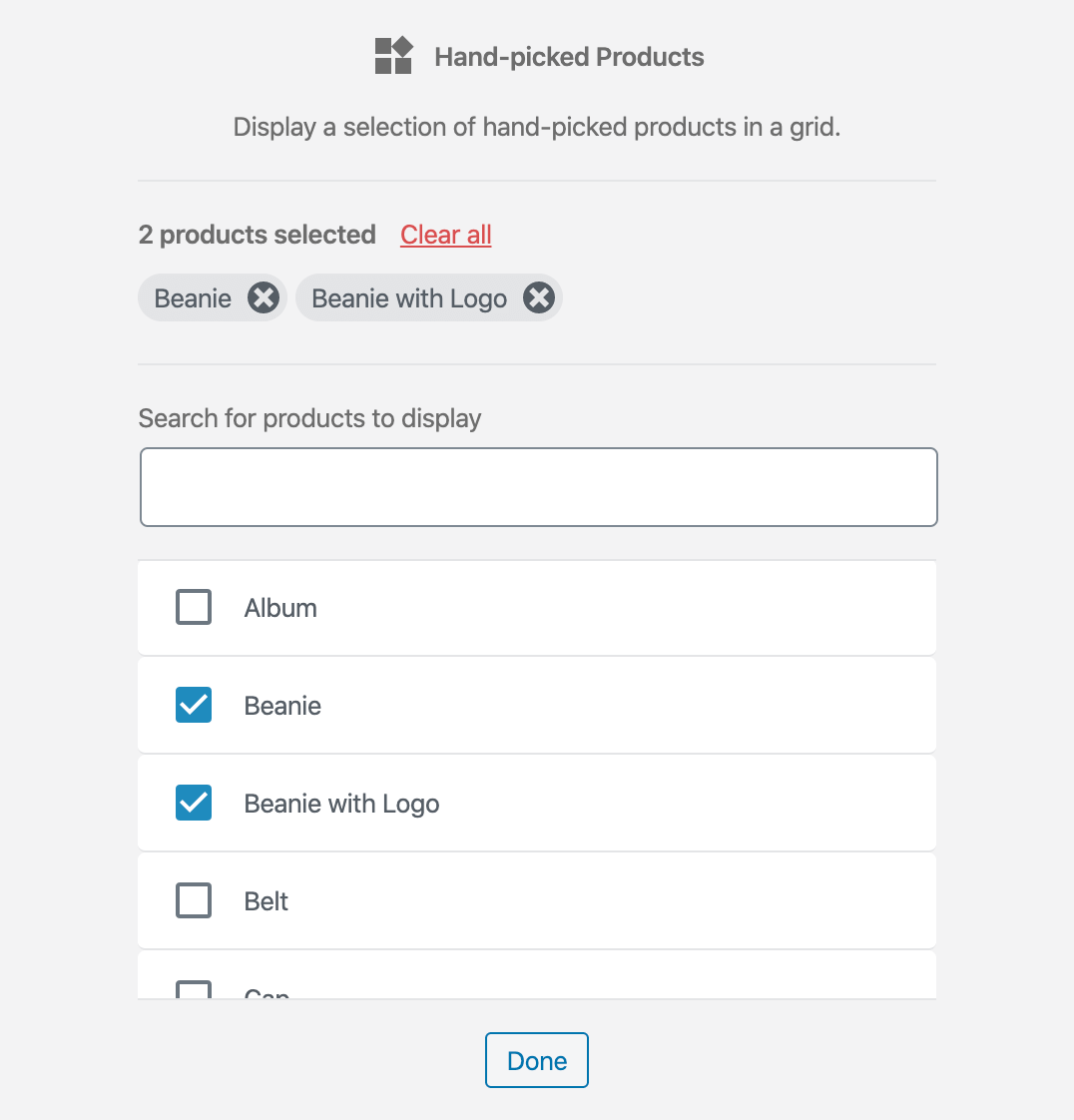 El bloque de productos seleccionados a mano.