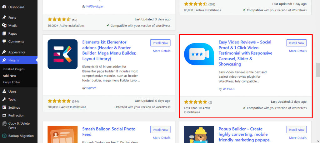 Instale EASY Video Reviews Easy Video Reviews Plugin: complemento simple de testimonios de video de WordPress