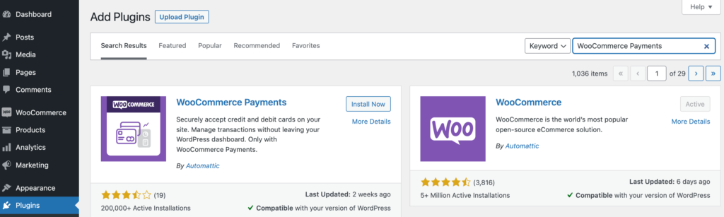 Agregar página de complementos en el administrador de WordPress. Una búsqueda de Woocommerce Payments.