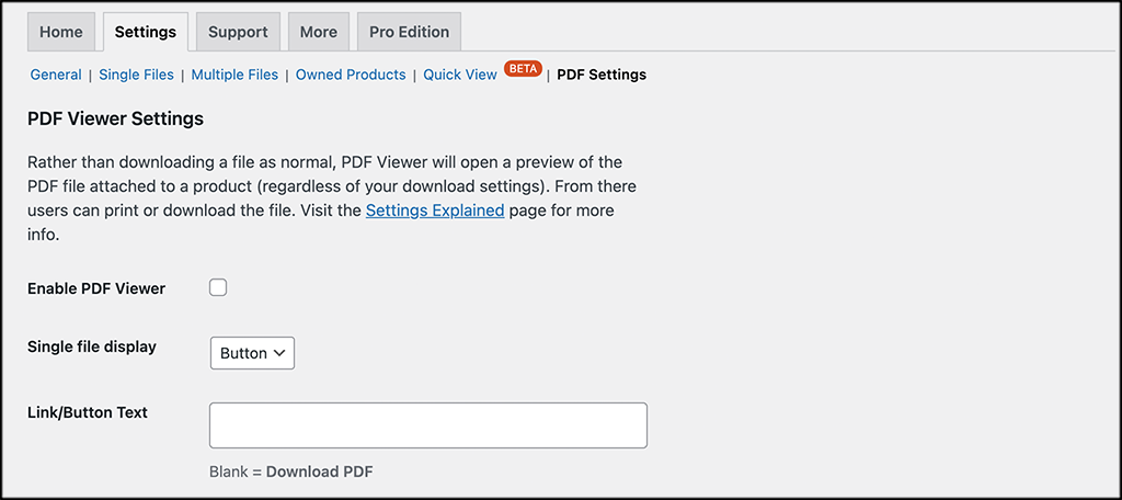 Pestaña de configuración de PDF