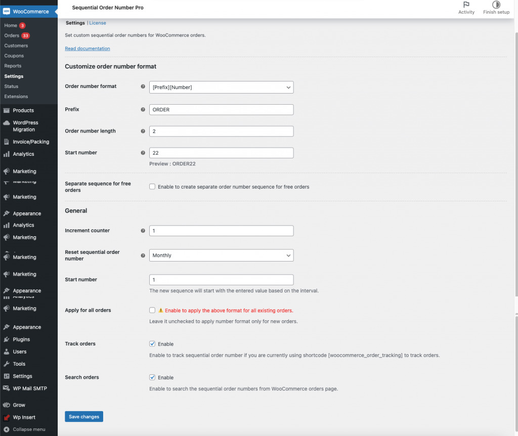 Ventana de configuración del número de orden secuencial