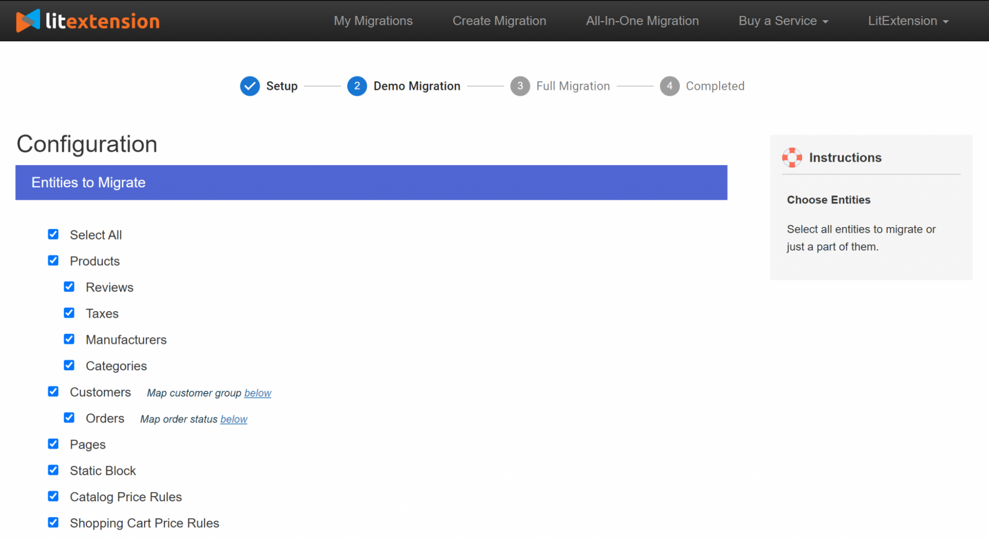 Paso 2: seleccione las entidades y realice la migración de Shopify a WooCommerce