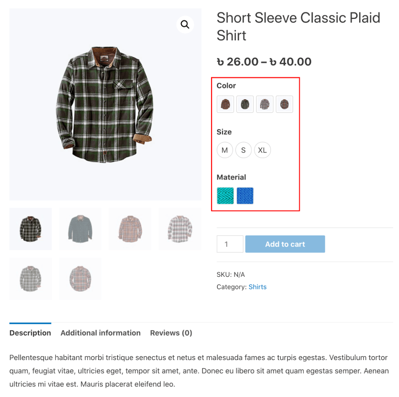 Captura de pantalla de muestras de variación para productos WooCommerce