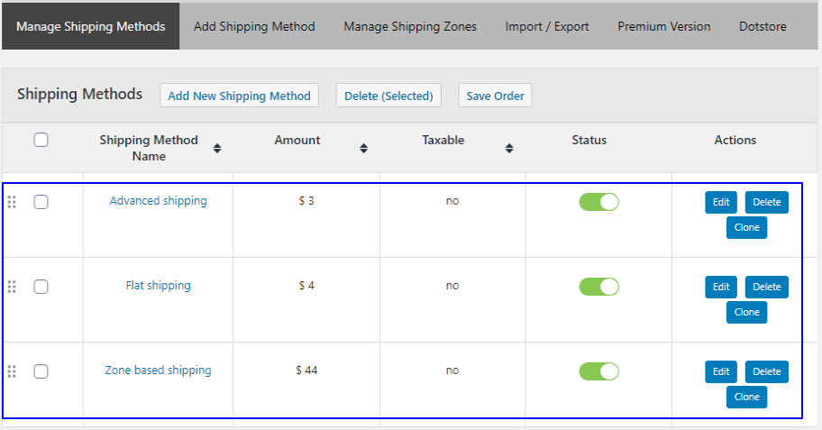 Woocommerce Administrar método de envío Captura de pantalla