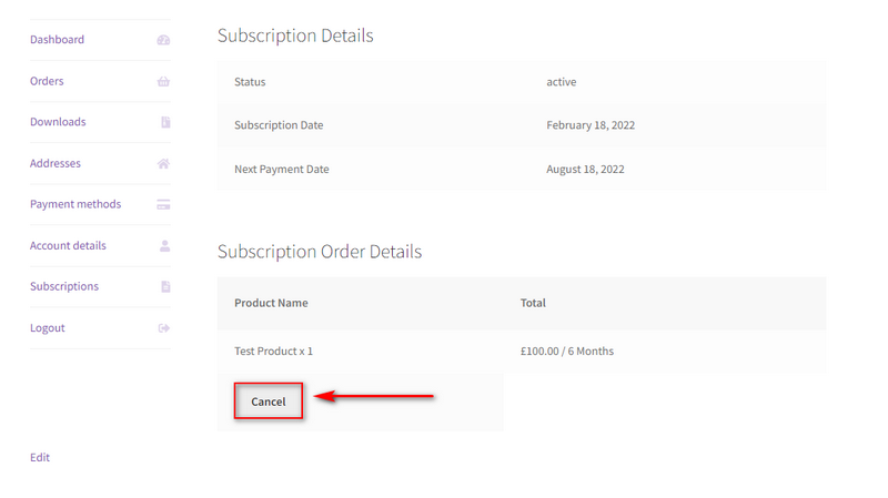agregar producto de suscripción de woocommerce - página de cancelación de suscripción