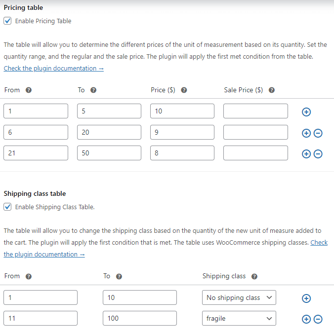 Configuraciones adicionales de complementos: tablas de precios y clases de envío