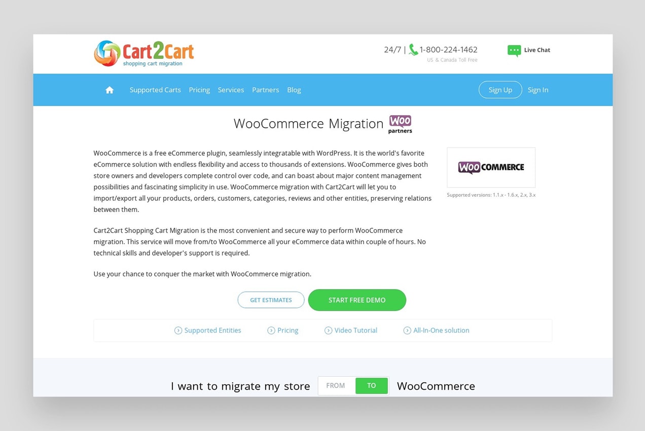 pantalla de Cart2Cart que muestra cómo migrar de Shopify a WooCommerce