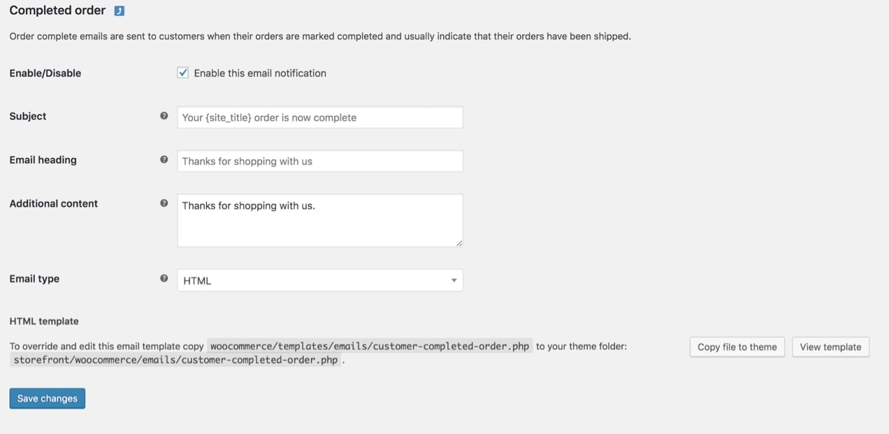 correo electrónico de pedido completado en WooCommerce