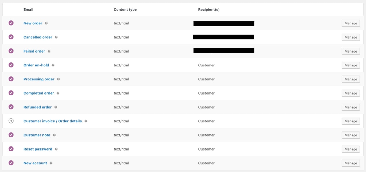 lista de plantillas de correo electrónico en WooCommerce