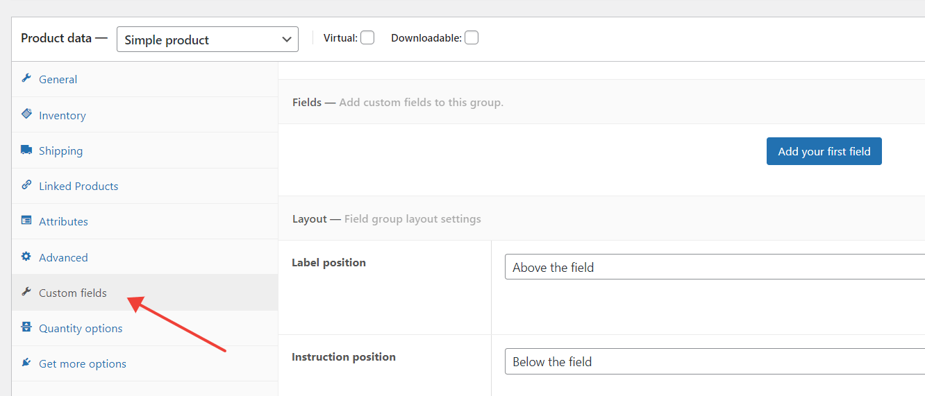La pestaña Campos personalizados en el backend del producto WooCommerce