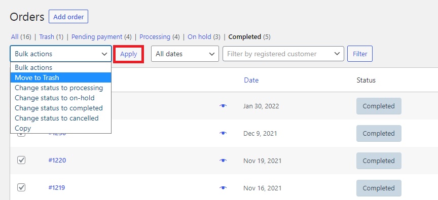eliminar acciones masivas de pedidos de woocommerce