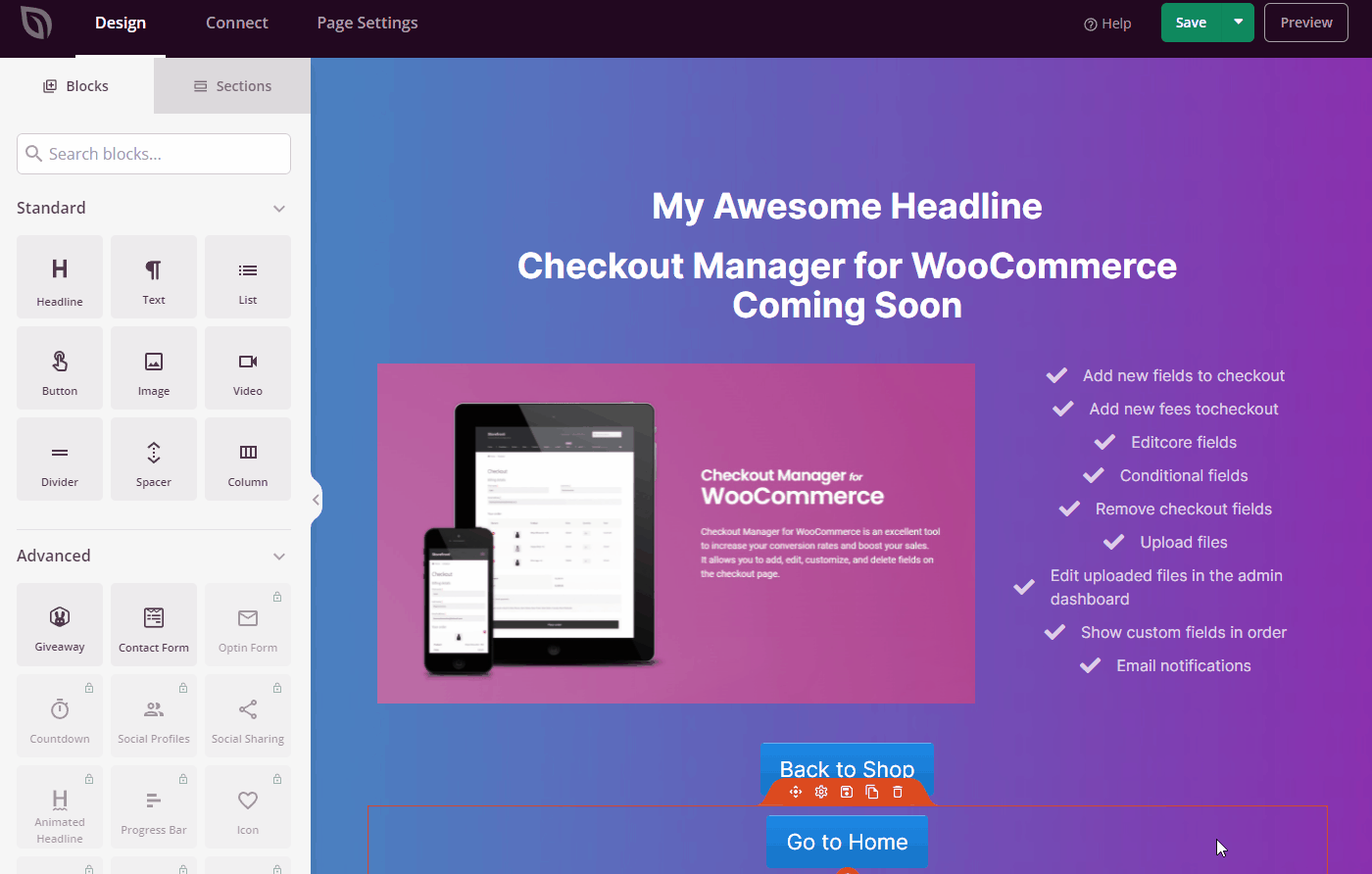 arrastrar y soltar bloque crear woocommerce próximamente página