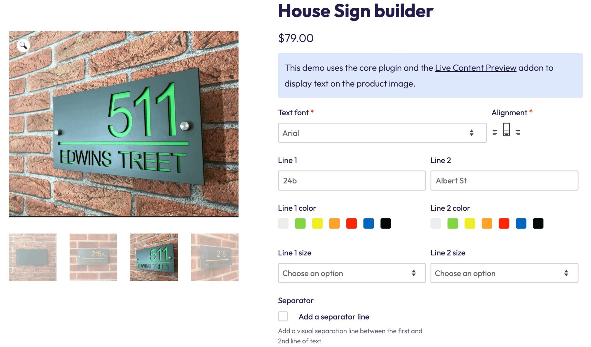 Ejemplo de producto personalizable: constructor de carteles para casas