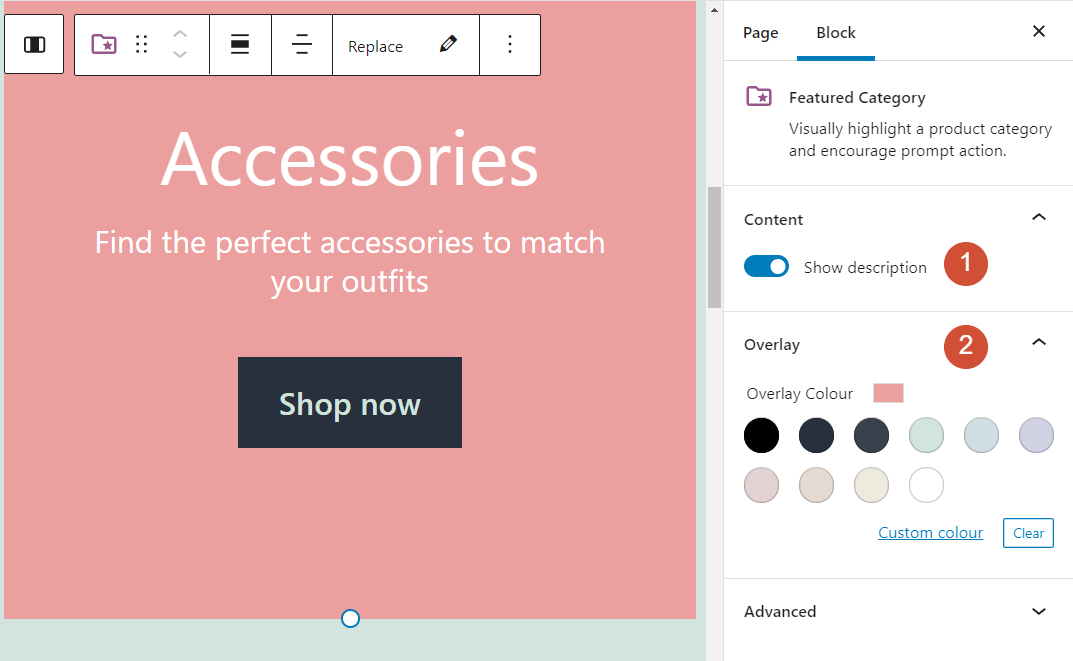 Configurar los ajustes para el bloque WooCommerce de categoría destacada