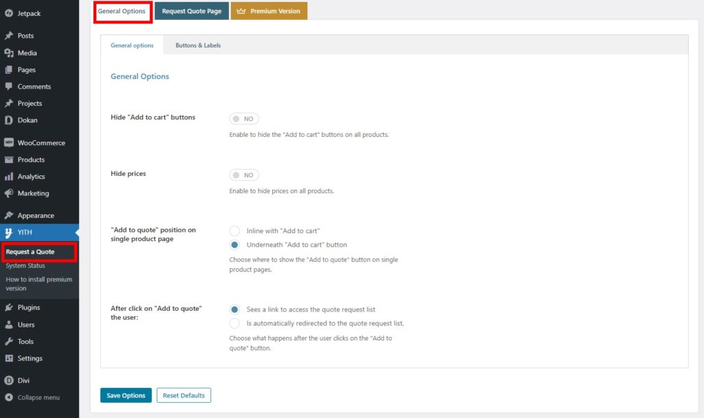 opciones generales agregar woocommerce solicitar un botón de cotización