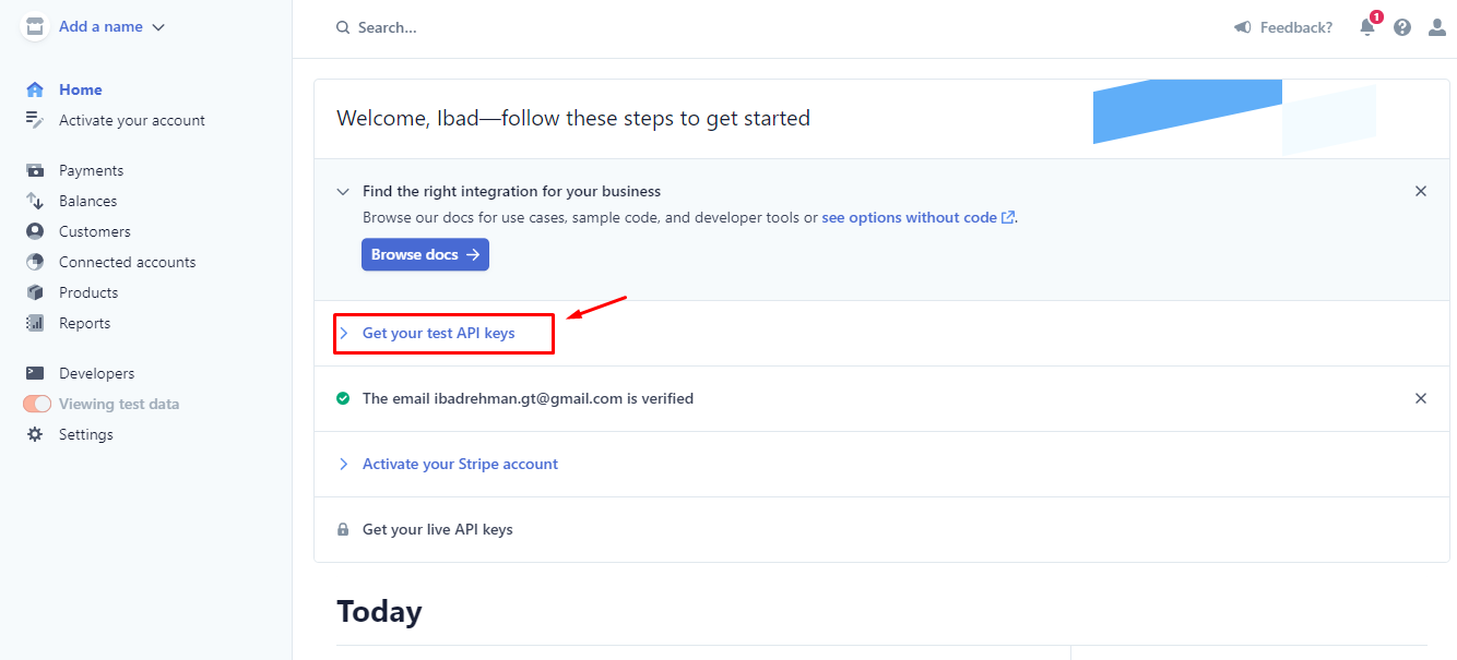 copiar las claves de la API de prueba del panel de la cuenta de Stripe
