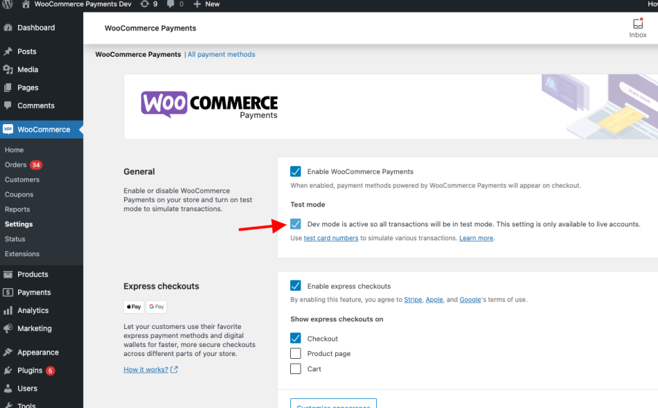 Test de pago con WooCommerce Payments