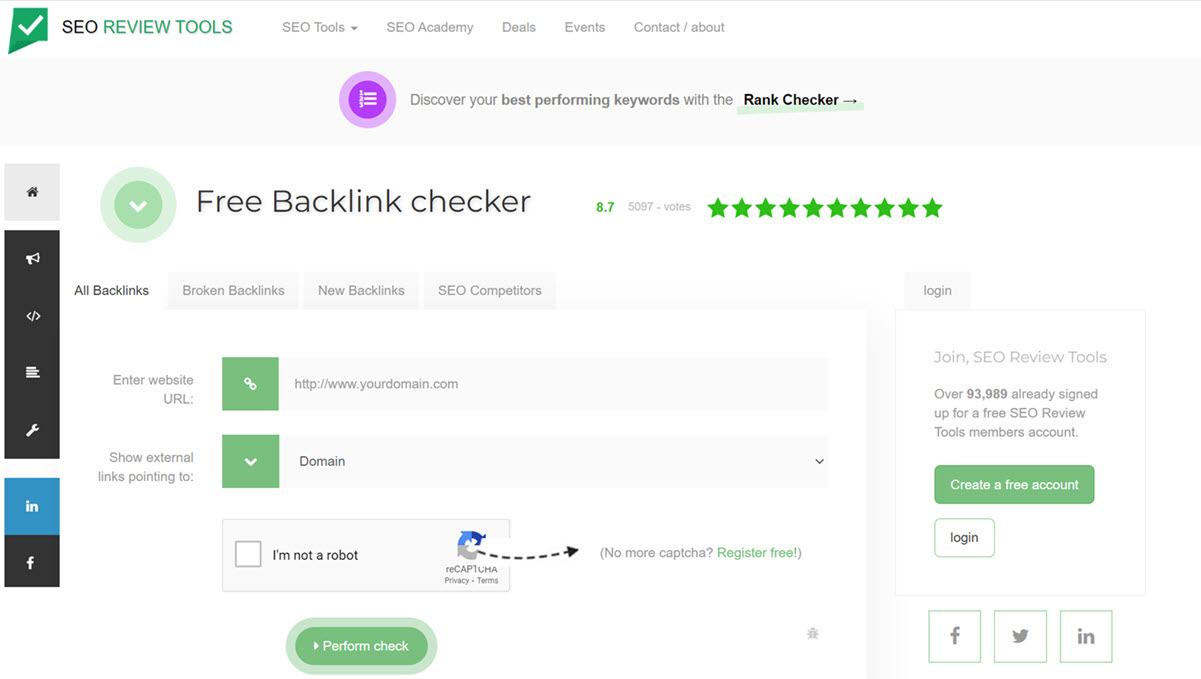 Herramientas de revisión de SEO Comprobador de backlinks gratuito
