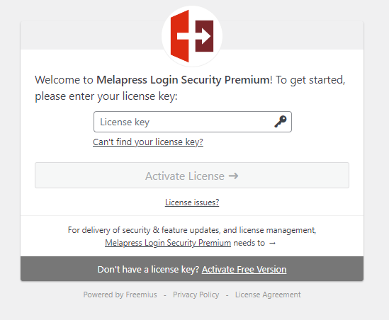 Página de activación de seguridad de inicio de sesión de MelaPress, solicitándole que ingrese su clave de licencia.