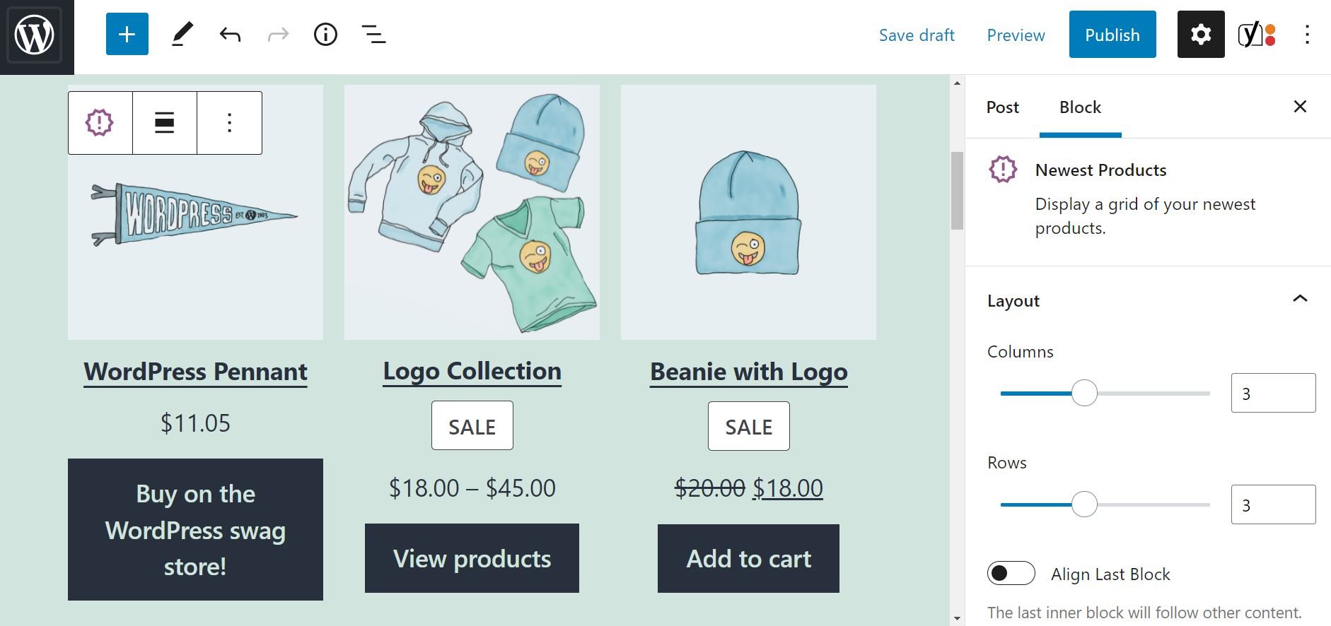La configuración de diseño para el bloque WooCommerce de productos más nuevos