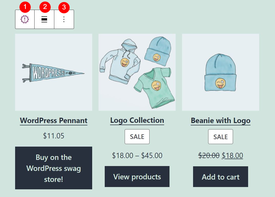 La configuración de la barra de herramientas del bloque de productos más nuevos