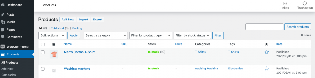 Ventana de listado de productos en WooCommerce