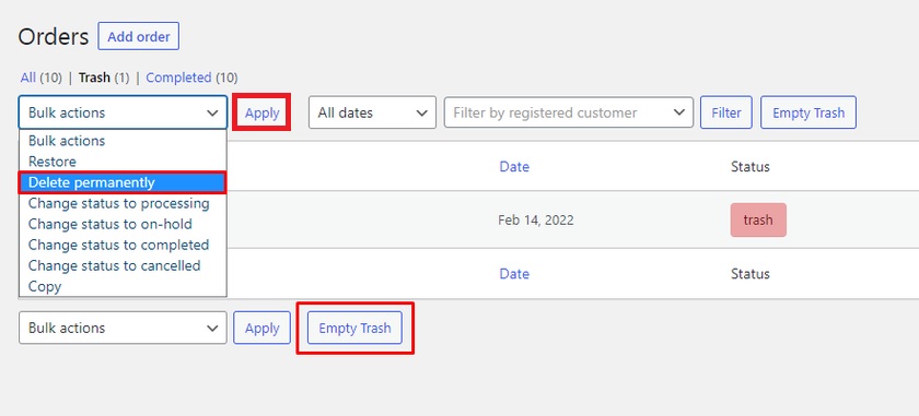 eliminar de la papelera eliminar pedidos de woocommerce