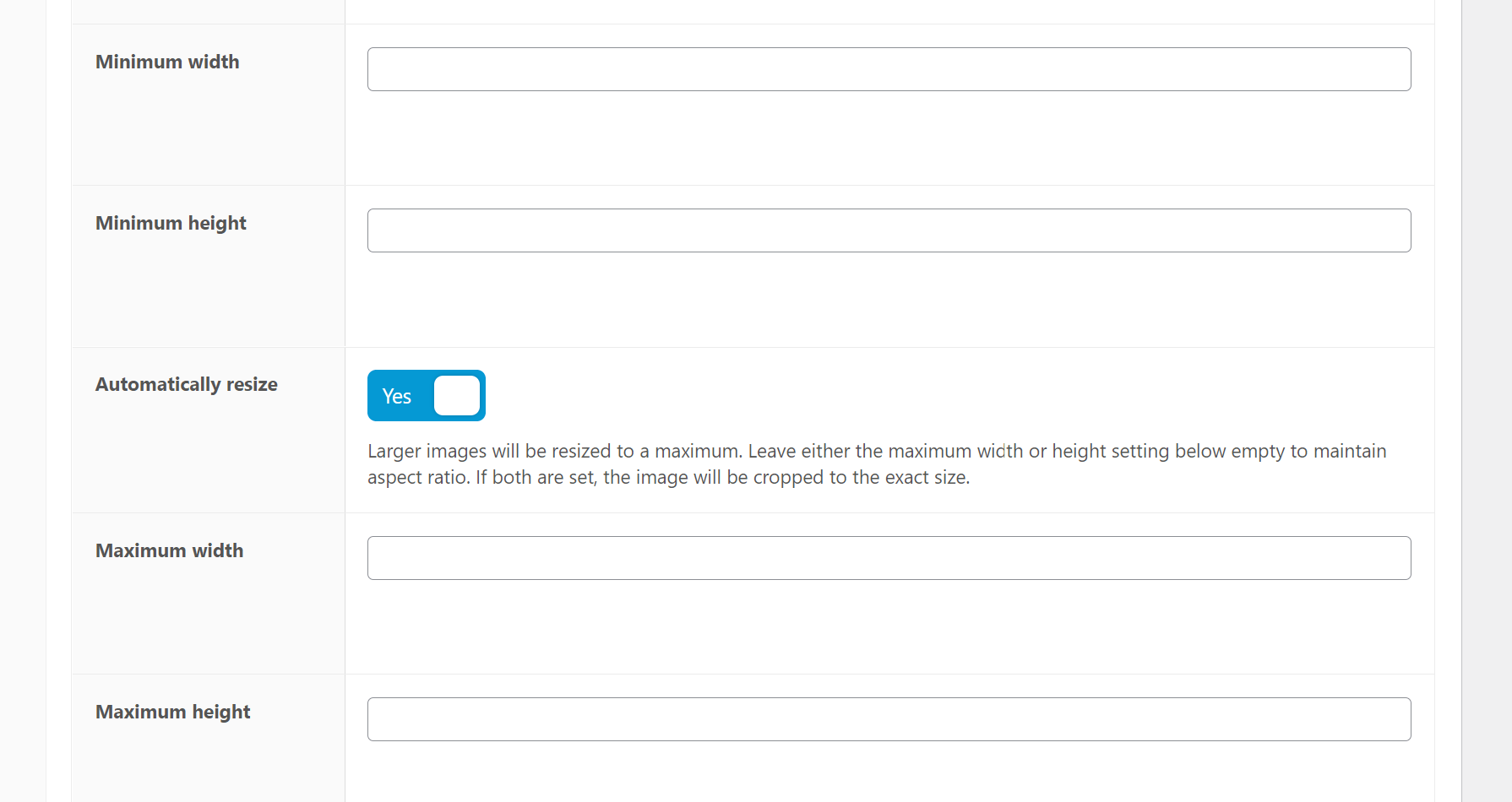 Configuración para forzar el tamaño de la imagen cargada en WooCommerce