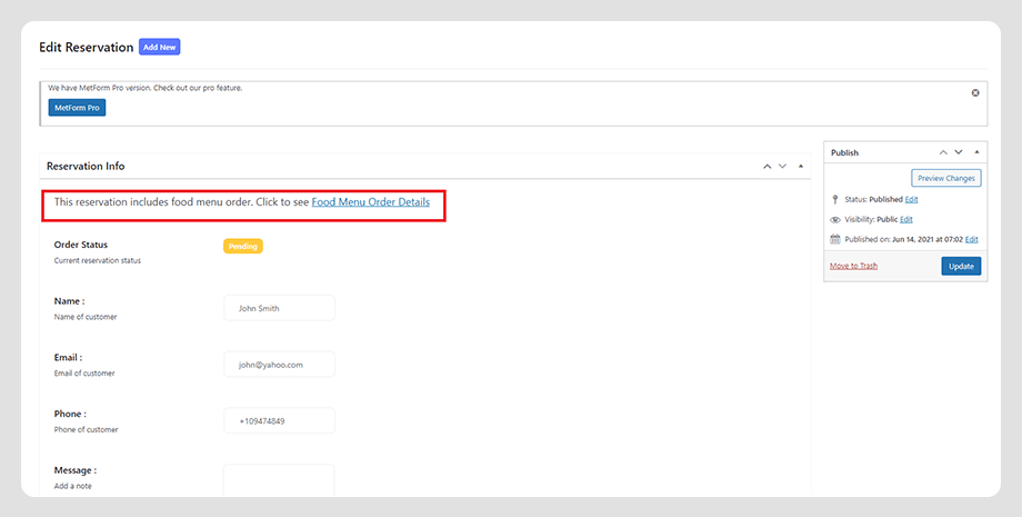 Reserva de WPCafe con detalles del pedido página de agradecimiento
