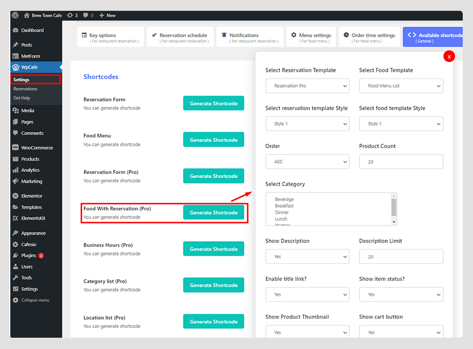 generador de shortcode de formulario de reserva