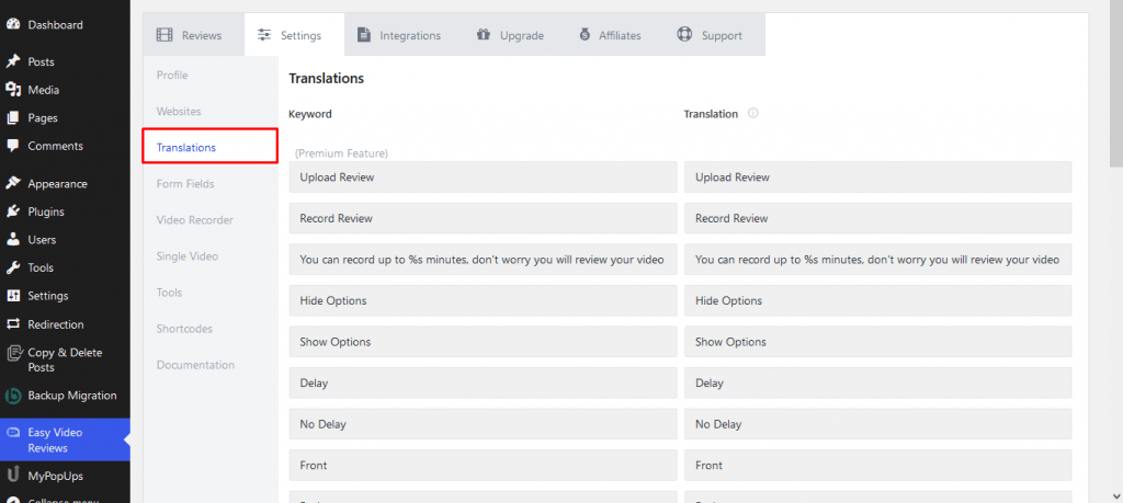 Configuración de traducciones del complemento de testimonios de video de WordPress